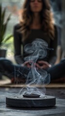 Woman Meditating with Smoke and Incense. Focused woman in deep meditation, surrounded by the swirls of incense smoke.