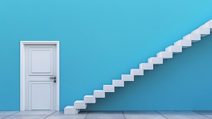 white stairs with white door in blue background