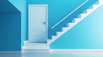 white stairs with white door in blue background