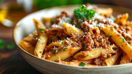 Bowl of Penne Bolognese With Meat and Parmesan Cheese