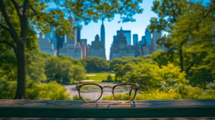 Stylish glasses lying on a vintage bench in a trendy city park