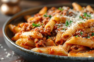 Plate of Penne Bolognese With Meat and Parmesan Cheese