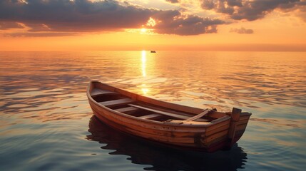 Deserted wooden rowboat anchored in tranquil waters as the sun dips below the horizon