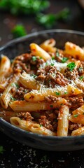 Bowl of Pasta With Meat and Parmesan Cheese