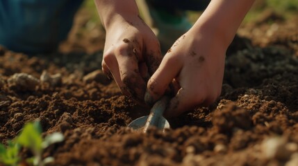 Hands belonging to a young volunteer, gripping a shovel firmly as they dig into the earth