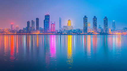 Fototapeta premium Vibrant Cityscape Reflections at Twilight: Urban Skyline and Waterfront Glow