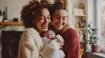 Portrait of happy female Gay couple with baby at home. Concept of lgbt people, lesbian marriage and adoption, homosexual family