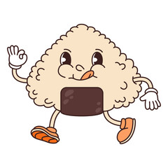 Retro groovy onigiri sushi isolated. Cute character mischievous. Japanese food concept. Vector flat illustration.