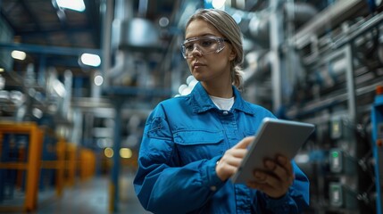 Industrial Worker Using Tablet in Factory. Female industrial worker in blue uniform using a tablet in a modern factory setting. - Powered by Adobe
