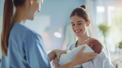 Fototapeta premium Nurse and doctor holding a newborn baby and checking his health in the maternity ward of the hospital. In Safe Hands, Expert Medical Team Offering Gentle Care to a little cute Infant