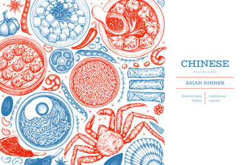 Chinese Cuisine Design Template. Vector Hand Drawn Asian Food Banner. Vintage Style Menu Illustration.