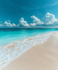 Fototapeta premium Sandy Beach With Clear Blue Water and Clouds