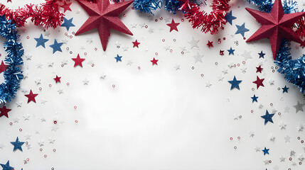 Flat lay composition with United States decorations and ribbon on a white background. Perfect for creating promotional materials or invitations for Columbus Day celebrations.