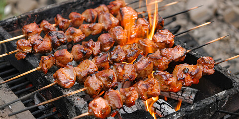 Appetizing fried meat on the grill Delicious and dish in the cooking process shish kebab on skewer...