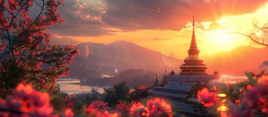 Golden Sunset Rays Illuminating Phra That Chae Haeng Temple in Nan Province