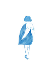 The woman came out of the shower. Silhouette of a girl's figure in a towel. Cartoon sketch in blue watercolor. Isolated illustration. Contemporary art for your design