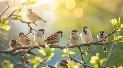 flock of small sparrow chicks sits among the blooming white branches of an apple tree in a spring park. AI generated illustration