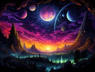 A beautiful alien landscape with a river running through a valley between tall mountains. The sky is filled with colorful planets and stars.