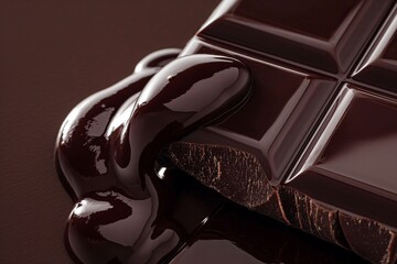 A close-up of a luxurious, dark chocolate square, slightly melted at the corners, placed on a...