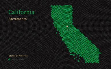 California Map with a capital of Sacramento Shown in a Mosaic Pattern	