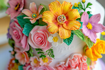 A close-up of a birthday cake with a vibrant floral decoration.