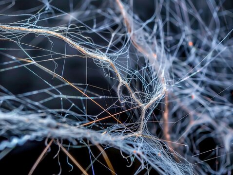 Closeup of spider silk threads, microscopic detail.