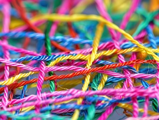 Microscopic image of textile fibers interweaving, colorful threads, detailed texture, stock photo aesthetic