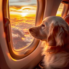 A golden retriever dog looking out the window of an airplane at the sunset.