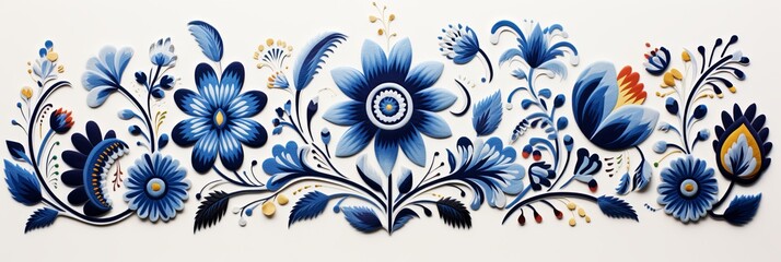 Majestic Swedish folk art embroidery, sprawling across a white canvas with shades of blue and yellow