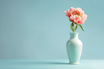 A delicate, hand-painted porcelain vase, filled with a single, vibrant peony, the composition set against a solid, powder blue background.