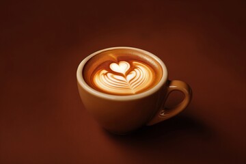 A freshly brewed espresso, with a heart-shaped latte art, placed in a classic ceramic cup on a solid, mocha brown background.