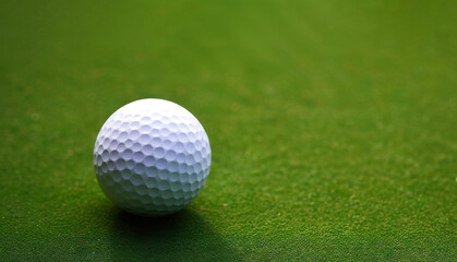 Golf ball with dimples matches playing style waiting for professional swing on grassy course closeup. Significant gear for playing golf.