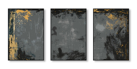 Black and gold wall art pieces displayed on separate areas of a wall