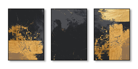 Black and gold art panels on wooden plank