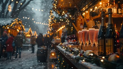 Obraz premium Christmas market scene with champagne flutes filled with sparkling rose wine