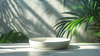 A white bowl sits on a table in front of a large green leafy plant