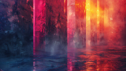 A colorful, abstract painting of a tunnel with a lot of smoke and steam