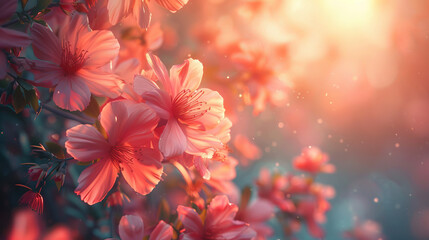 A close up of a bunch of pink flowers with a bright sun shining on them