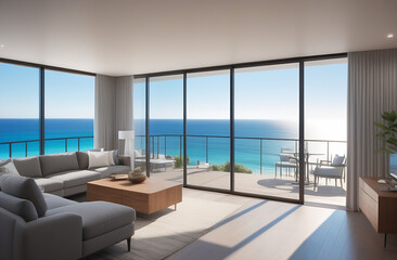 Picturesque view from a guest house through panoramic window with terrace to the sea on a sunny warm summer day with blue skies in a luxury resort. Concept of a room in a five-star hotel