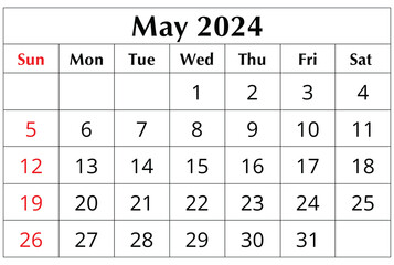 May 2024 ENGLISH month calendar. png transparent printable illustration. Monthly
