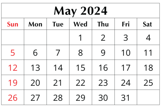 May 2024 ENGLISH month calendar. png transparent printable illustration. Monthly