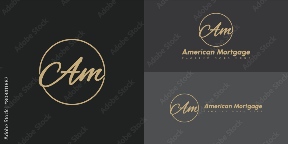 Poster abstract initial circle letter am or ma logo in gold color isolated on multiple background colors. t