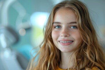 Teenage girl with braces, smiling at dental clinic