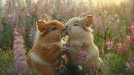 Fototapeta premium A pair of tiny creatures frolicking amidst lavender and rose petals under a warm sky