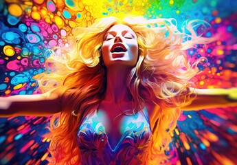 Portrait of a bright laughing young girl in colorful paint splatters. Concept of expressing bright joyful emotions. Energy of youth. Happiness. Illustration for cover, card, interior design or print.