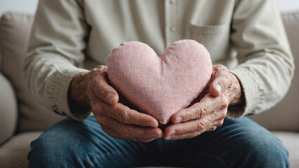 Vieilles mains ridées qui tiennent un cœur dans les mains, concept aide à la vieillesse, bien vieillir, aide aux personnes âgées