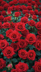 A stunning red rose flower wall background, offering a top-down view of nature's beauty in full bloom.