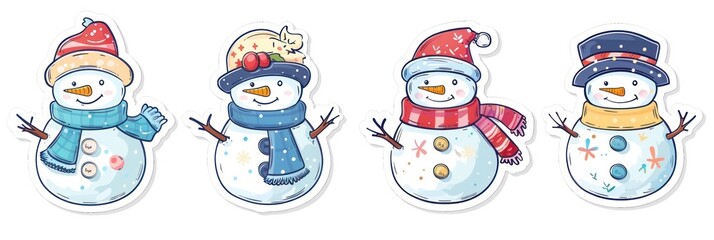 Set of snowman stickers for Christmas decorations and holiday clipart, isolated on white background.
