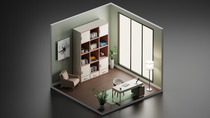 Home library isometric interior design