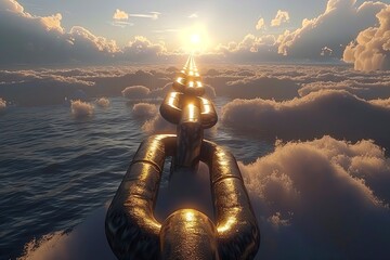 The image shows a golden chain going up into the sky from the vast ocean.